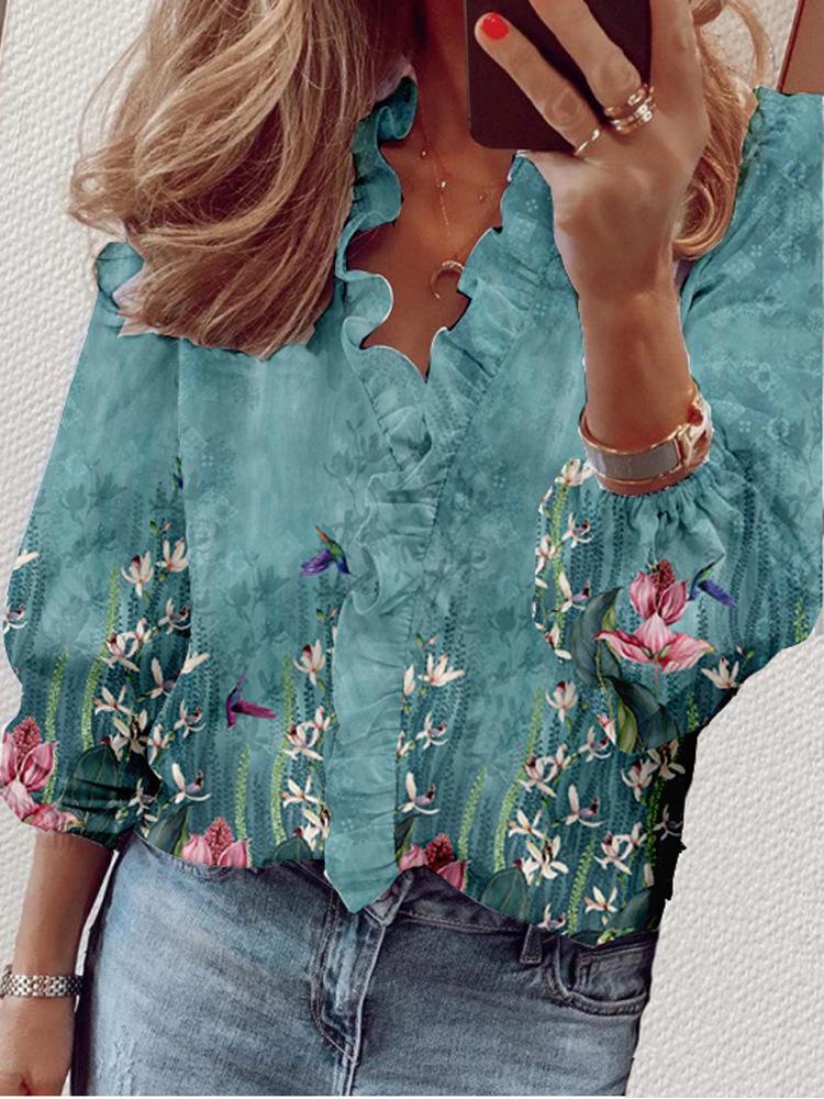 Printed Ruffled Long Sleeve Casual Shirt - Blouses - INS | Online Fashion Free Shipping Clothing, Dresses, Tops, Shoes - 20-30 - 21/07/2021 - BLO2107211237