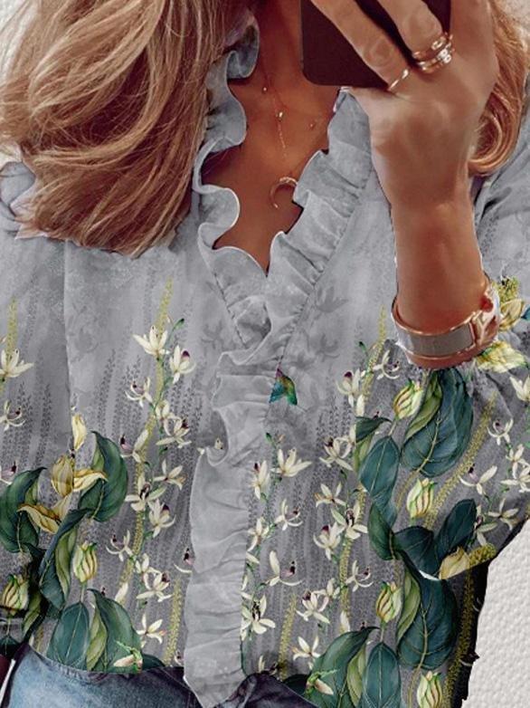 Printed Ruffled Long Sleeve Casual Shirt - Blouses - INS | Online Fashion Free Shipping Clothing, Dresses, Tops, Shoes - 20-30 - 21/07/2021 - BLO2107211237