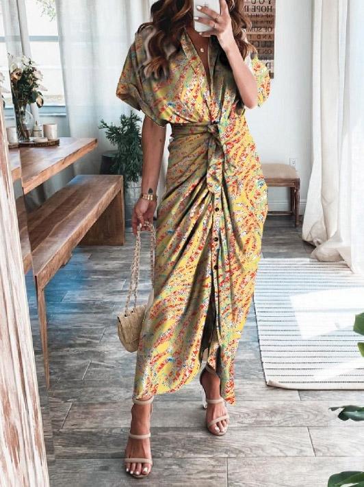 Printed Short Sleeve Belted Shirt Dress - Maxi Dresses - INS | Online Fashion Free Shipping Clothing, Dresses, Tops, Shoes - 26/07/2021 - 30-40 - Category_Maxi Dresses