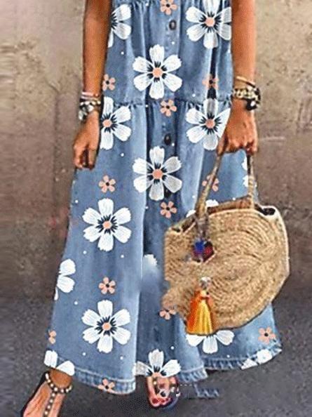 Printed Short Sleeve Button Dress - Maxi Dresses - INS | Online Fashion Free Shipping Clothing, Dresses, Tops, Shoes - 09/06/2021 - Category_Maxi Dresses - Color_Blue