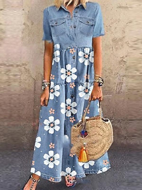 Printed Short Sleeve Button Dress - Maxi Dresses - INS | Online Fashion Free Shipping Clothing, Dresses, Tops, Shoes - 09/06/2021 - Category_Maxi Dresses - Color_Blue