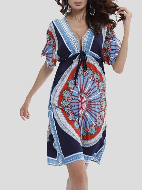 Printed Short Sleeve V-Neck Beach Dress - Mini Dresses - INS | Online Fashion Free Shipping Clothing, Dresses, Tops, Shoes - 10-20 - 24/06/2021 - Category_Mini Dresses