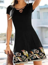 Printed Short-sleeved A-line Dress - Mini Dresses - INS | Online Fashion Free Shipping Clothing, Dresses, Tops, Shoes - 15/06/2021 - Color_Black - DRE2106150449