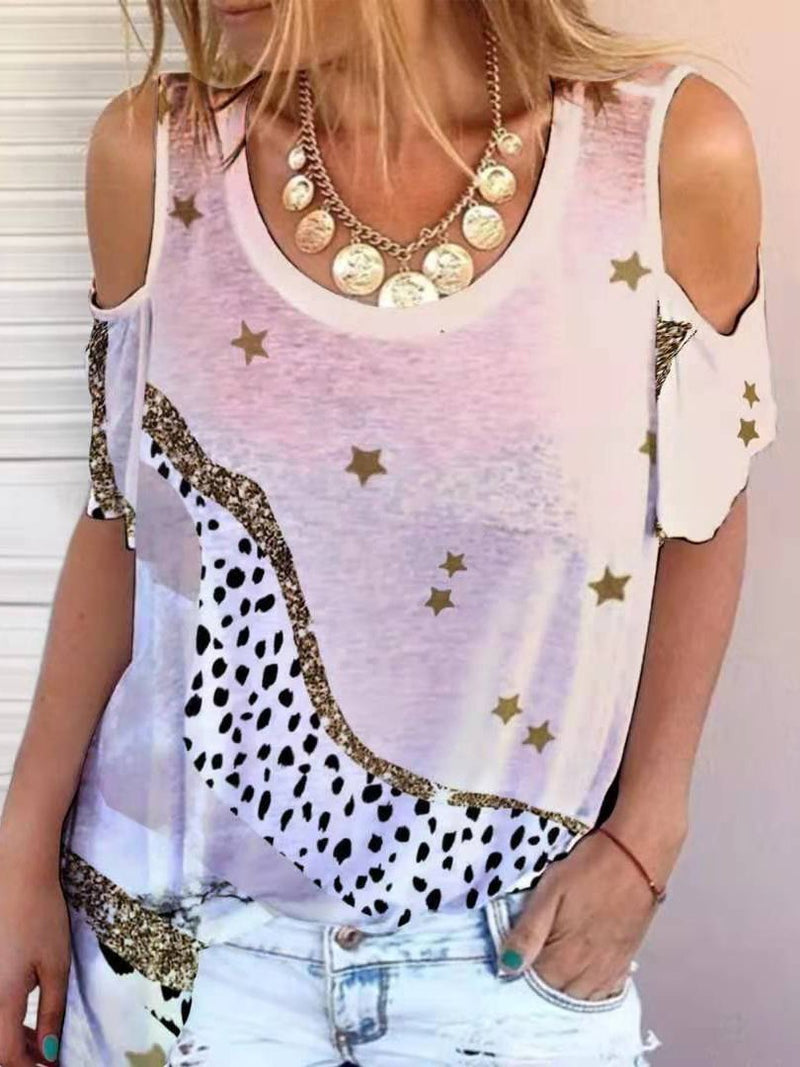 Printed Short-sleeved Off Shoulder Casual T-shirt - T-shirts - INS | Online Fashion Free Shipping Clothing, Dresses, Tops, Shoes - 05/07/2021 - 10-20 - color-black-leopard