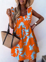 Printed Square Neck Zip Ruffle Sleeve Dress - Mini Dresses - INS | Online Fashion Free Shipping Clothing, Dresses, Tops, Shoes - 03/06/2021 - Category_Mini Dresses - Color_Orange