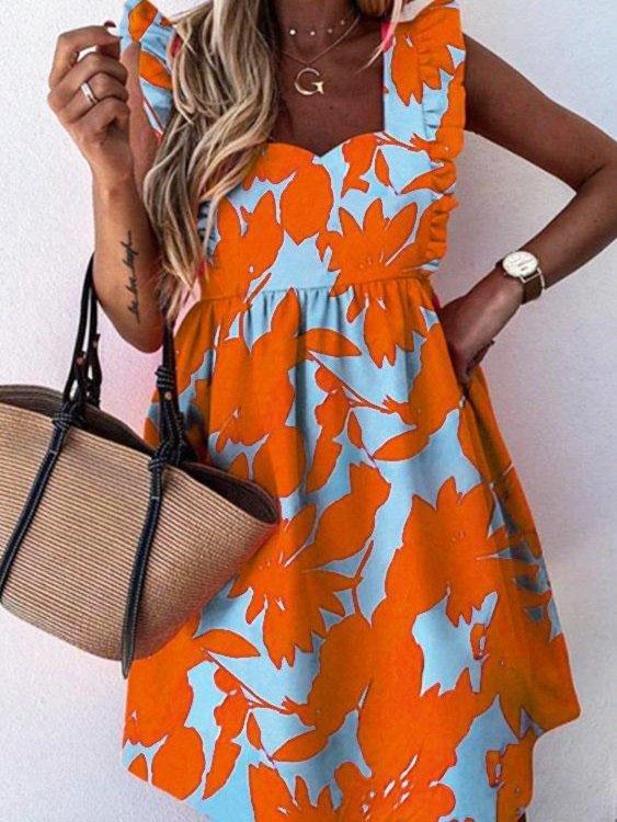 Printed Square Neck Zip Ruffle Sleeve Dress - Mini Dresses - INS | Online Fashion Free Shipping Clothing, Dresses, Tops, Shoes - 03/06/2021 - Category_Mini Dresses - Color_Orange