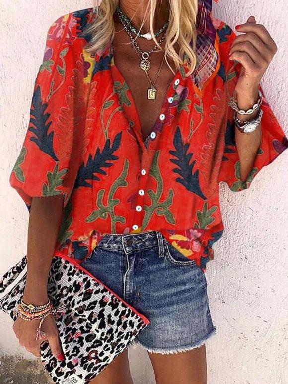 Printed Stand Collar Mid-sleeve Casual Top - Blouses - INS | Online Fashion Free Shipping Clothing, Dresses, Tops, Shoes - 08/06/2021 - BLO2106080054 - Blouses