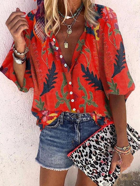 Printed Stand Collar Mid-sleeve Casual Top - Blouses - INS | Online Fashion Free Shipping Clothing, Dresses, Tops, Shoes - 08/06/2021 - BLO2106080054 - Blouses