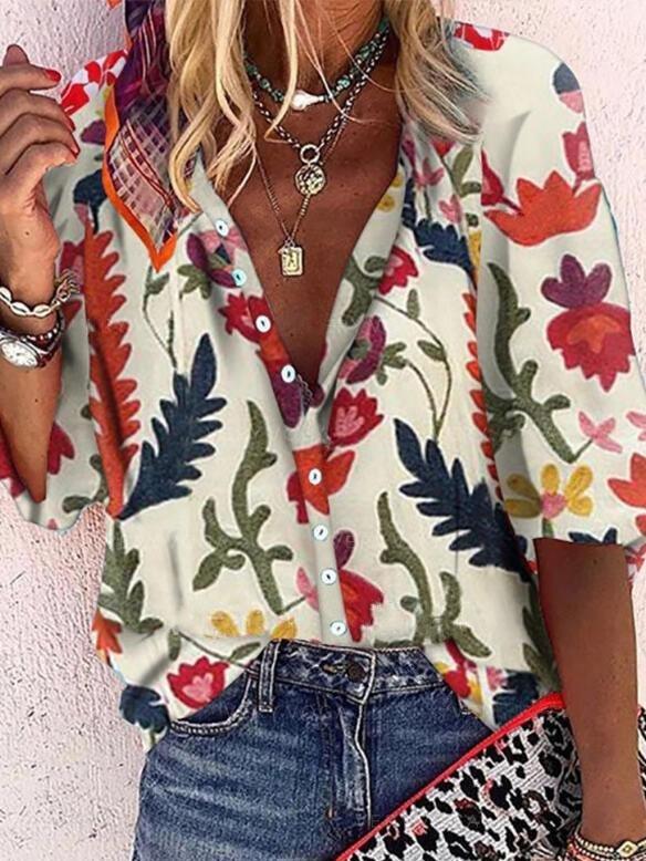 Printed Stand Collar Mid-sleeve Casual Top - Blouses - INS | Online Fashion Free Shipping Clothing, Dresses, Tops, Shoes - 08/06/2021 - BLO2106080054 - Blouses