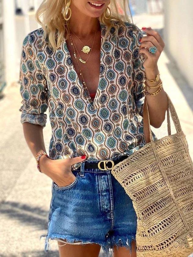 Printed Temperament Commuter Long-sleeved Pullover V-neck Blouse - Blouses - INS | Online Fashion Free Shipping Clothing, Dresses, Tops, Shoes - 20-30 - 27/07/2021 - BLO2107271281