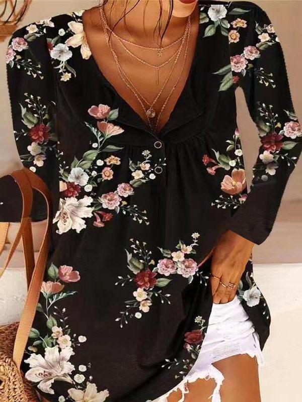 Printed V-neck Button Long-sleeved T-shirt - T-shirts - INS | Online Fashion Free Shipping Clothing, Dresses, Tops, Shoes - 10-20 - 23/07/2021 - color-black