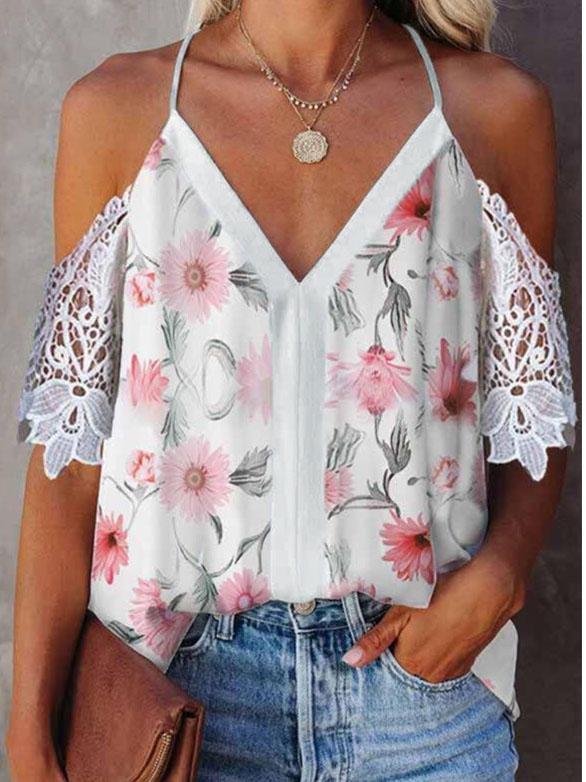 Printed V-neck Halter Neck Strapless Lace Stitching Short Sleeve Blouses - Blouses - INS | Online Fashion Free Shipping Clothing, Dresses, Tops, Shoes - 02/06/2021 - BLO210602308 - Category_Blouses