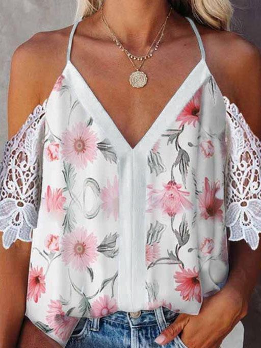 Printed V-neck Halter Neck Strapless Lace Stitching Short Sleeve Blouses - Blouses - INS | Online Fashion Free Shipping Clothing, Dresses, Tops, Shoes - 02/06/2021 - BLO210602308 - Category_Blouses