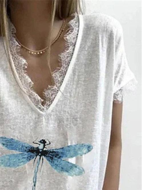 Printed V-neck Short Sleeve Lace Casual T-shirt - T-Shirts - INS | Online Fashion Free Shipping Clothing, Dresses, Tops, Shoes - 05/06/2021 - Category_T-Shirts - Color_Red