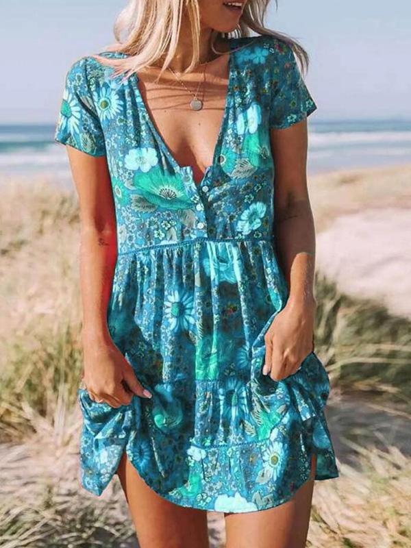 Printed V-Neck Short Sleeve Mini Dress - Mini Dresses - INS | Online Fashion Free Shipping Clothing, Dresses, Tops, Shoes - 05/17/2021 - Category_Mini Dresses - Color_Dark Blue