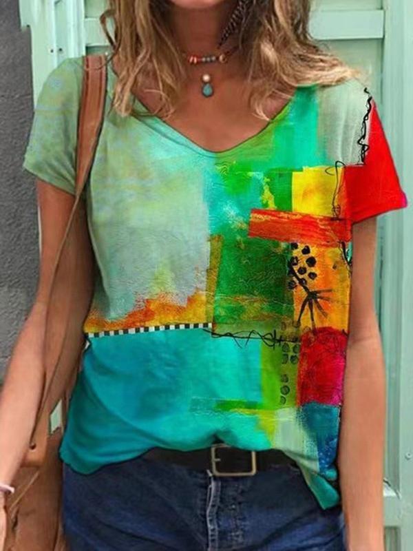 Printed V-neck Short-sleeved T-shirt - T-shirts - INS | Online Fashion Free Shipping Clothing, Dresses, Tops, Shoes - 11/06/2021 - Color_Green - Size_2XL