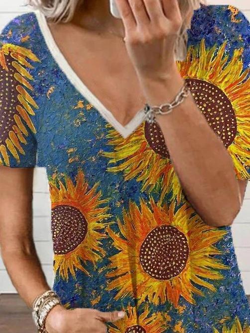Printed V-neck Short-sleeved T-shirt - T-shirts - INS | Online Fashion Free Shipping Clothing, Dresses, Tops, Shoes - 10-20 - 22/06/2021 - color-blue