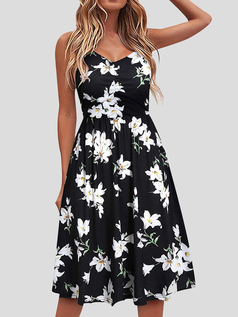 Printed V-Neck Suspender Halter Casual Dress - Midi Dresses - INS | Online Fashion Free Shipping Clothing, Dresses, Tops, Shoes - 10-20 - 19/07/2021 - Category_Midi Dresses