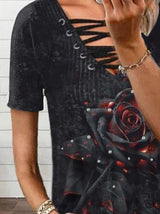 Printed V-neck Zip Short Sleeve T-shirt - T-Shirts - INS | Online Fashion Free Shipping Clothing, Dresses, Tops, Shoes - 08/06/2021 - Category_T-Shirts - Color_Black