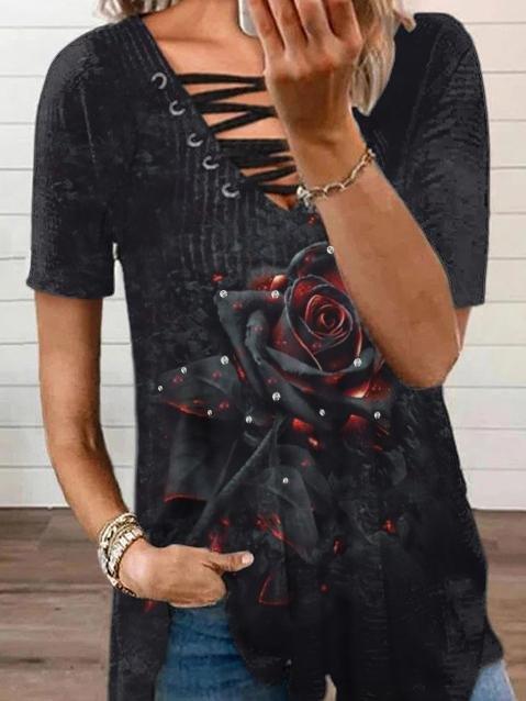 Printed V-neck Zip Short Sleeve T-shirt - T-Shirts - INS | Online Fashion Free Shipping Clothing, Dresses, Tops, Shoes - 08/06/2021 - Category_T-Shirts - Color_Black