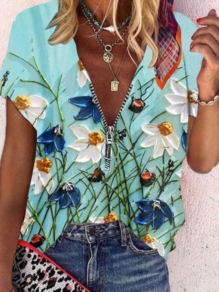 Printed Zipper V-neck T-shirt - T-shirts - INS | Online Fashion Free Shipping Clothing, Dresses, Tops, Shoes - 10-20 - 18/06/2021 - color-green