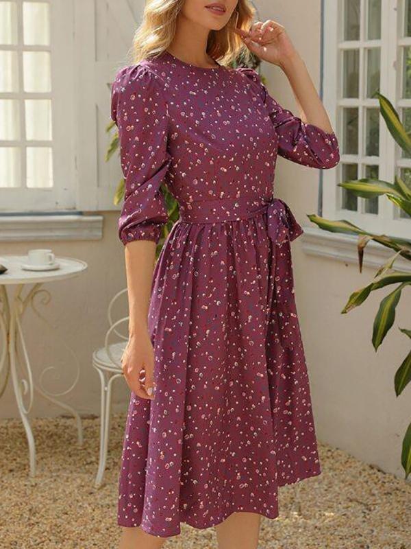 Puff Sleeve Belted Ditsy Floral Dress - Dresses - INS | Online Fashion Free Shipping Clothing, Dresses, Tops, Shoes - 01/28/2021 - Color_Red - Dresses