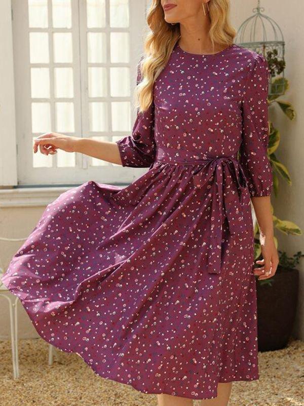 Puff Sleeve Belted Ditsy Floral Dress - Dresses - INS | Online Fashion Free Shipping Clothing, Dresses, Tops, Shoes - 01/28/2021 - Color_Red - Dresses
