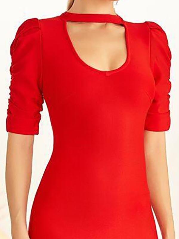 Puff Sleeve Keyhole Neckline Bandage Dress - Dresses - INS | Online Fashion Free Shipping Clothing, Dresses, Tops, Shoes - 02/04/2021 - Color_Red - Dresses
