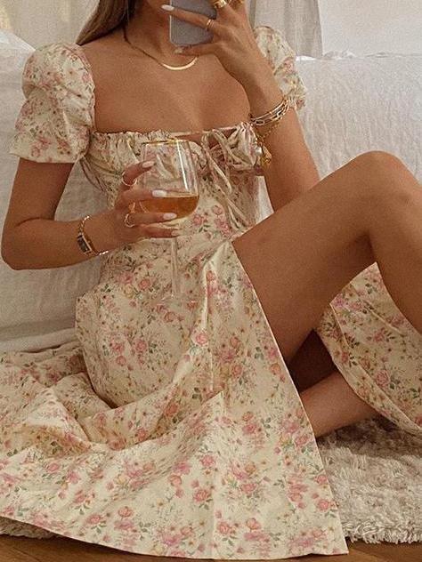 Puff Sleeve One Word Collar Sexy Slit Printed Midi Nap Dress - Midi Dresses - INS | Online Fashion Free Shipping Clothing, Dresses, Tops, Shoes - 31/03/2021 - Apricot - Daily