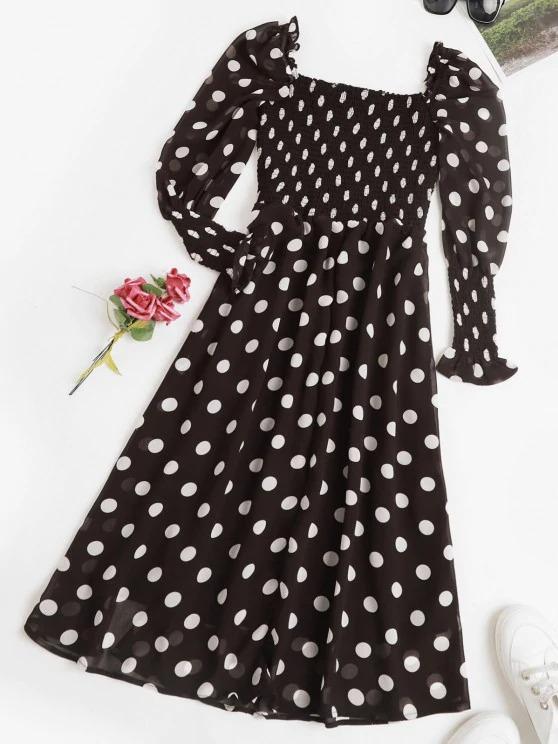 Puff Sleeve Polka Dot Smocked Milkmaid Dress - INS | Online Fashion Free Shipping Clothing, Dresses, Tops, Shoes