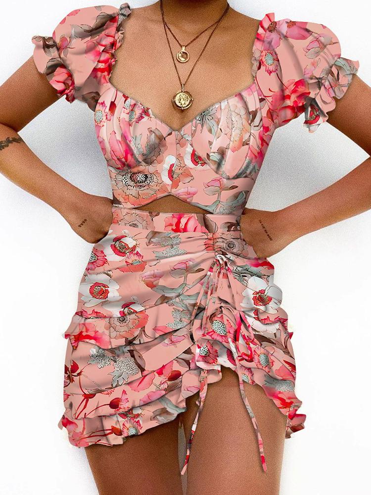 Puff Sleeve Ruched Drawstring Floral Print Dress - Mini Dresses - INS | Online Fashion Free Shipping Clothing, Dresses, Tops, Shoes - 30/04/2021 - Category_Mini Dresses - Color_Pink