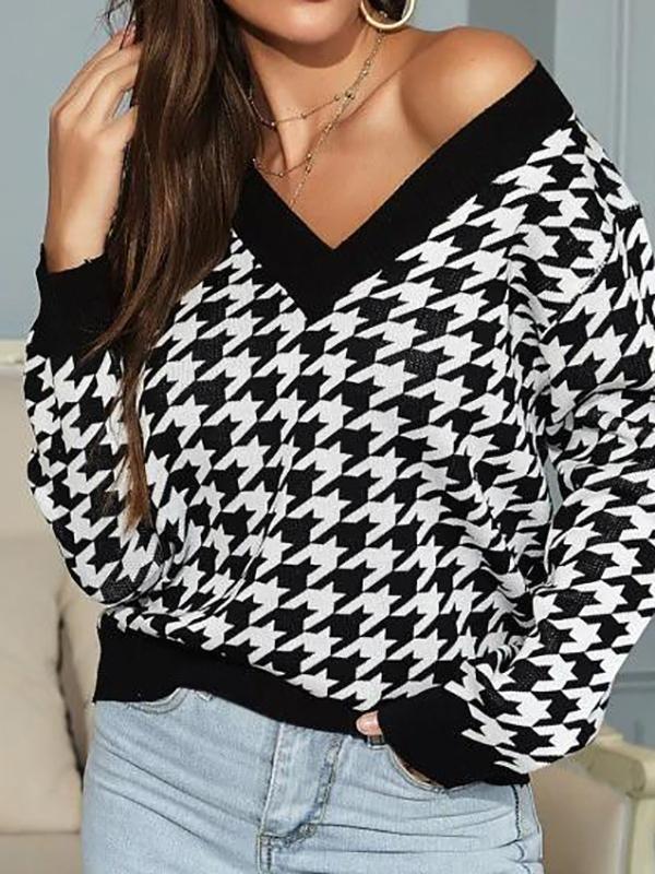 Pullover Houndstooth V Neck Sweater - Sweaters - INS | Online Fashion Free Shipping Clothing, Dresses, Tops, Shoes - 02/08/2021 - Autumn - Black