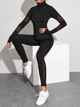 Quarter Zip Mesh Panel Top & Leggings - Activewear - INS | Online Fashion Free Shipping Clothing, Dresses, Tops, Shoes - 02/03/2021 - Activewear - Black