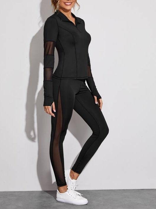 Quarter Zip Mesh Panel Top & Leggings - Activewear - INS | Online Fashion Free Shipping Clothing, Dresses, Tops, Shoes - 02/03/2021 - Activewear - Black