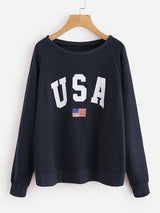 Raglan Sleeve Letter & American Flag Print Sweatshirt - INS | Online Fashion Free Shipping Clothing, Dresses, Tops, Shoes