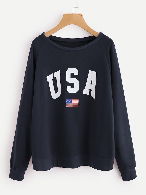 Raglan Sleeve Letter & American Flag Print Sweatshirt - INS | Online Fashion Free Shipping Clothing, Dresses, Tops, Shoes