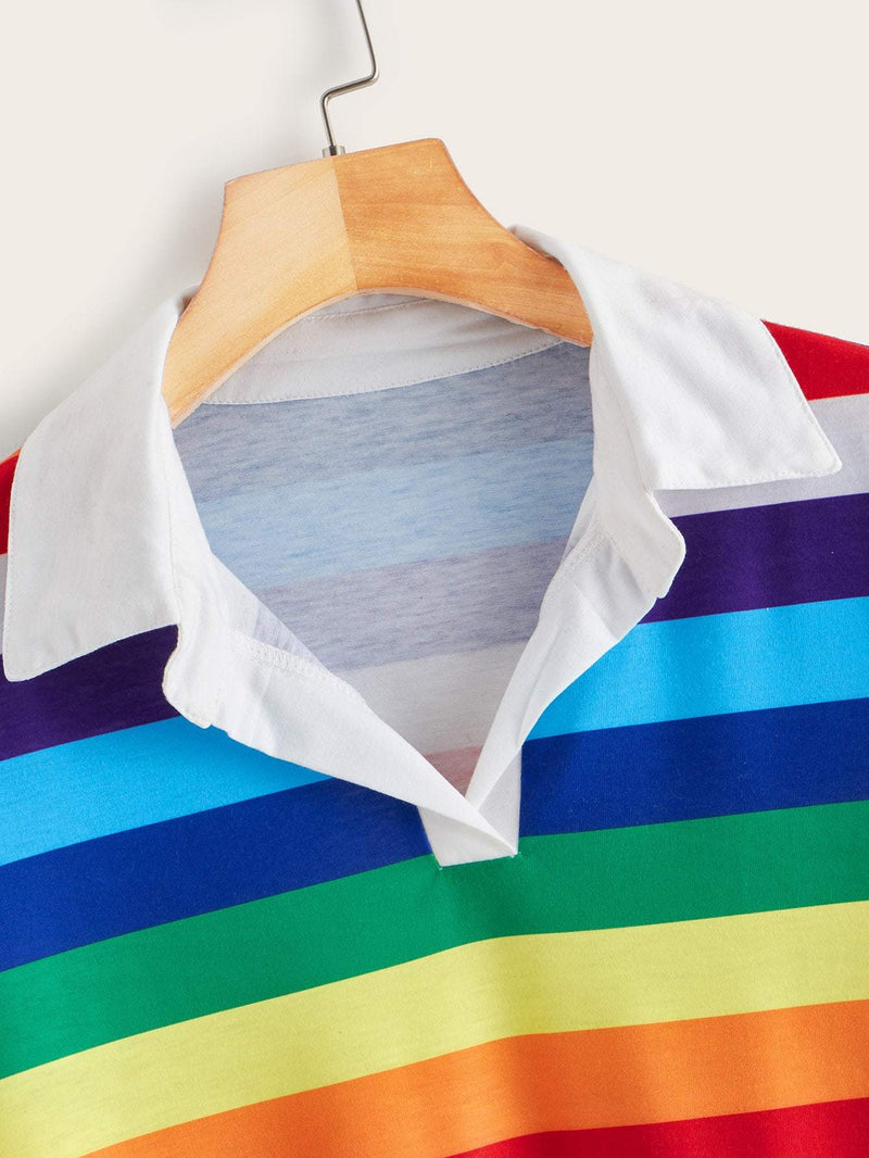 Rainbow Striped Collared Cropped Tee - INS | Online Fashion Free Shipping Clothing, Dresses, Tops, Shoes