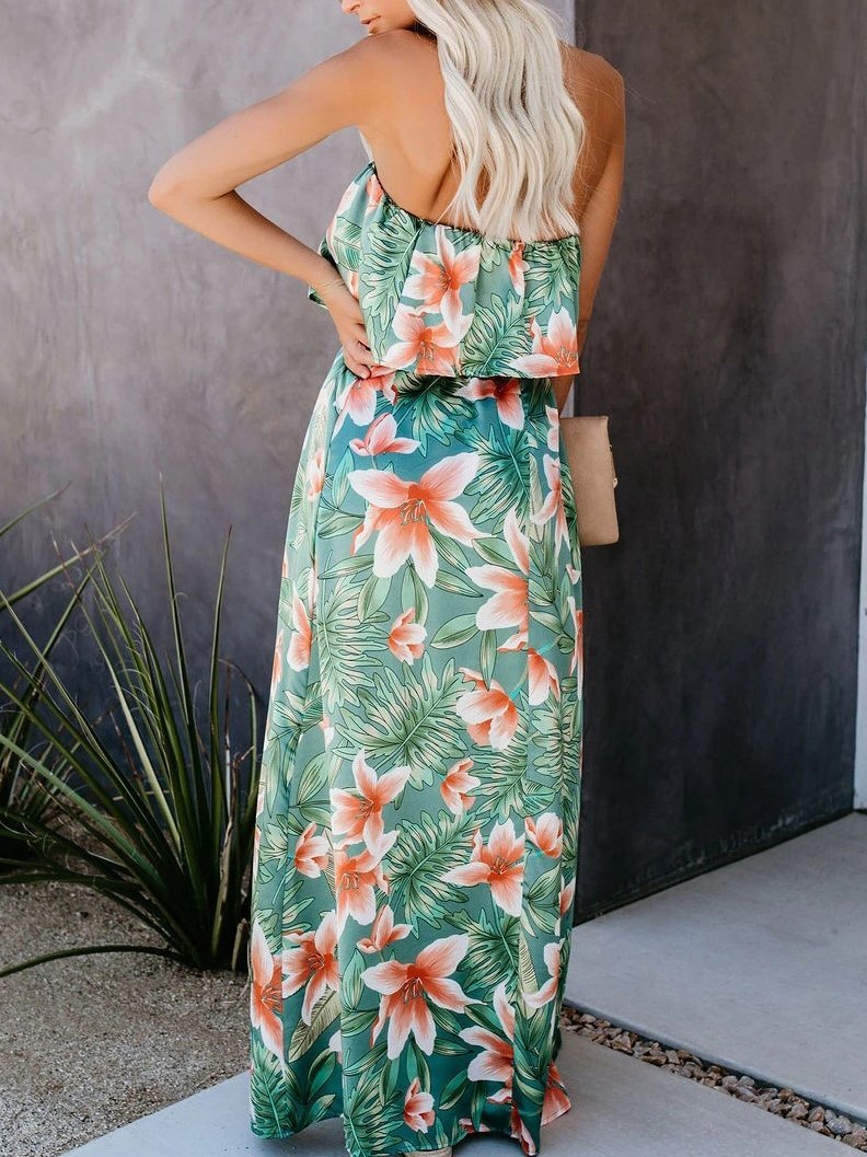 Rainforest Print Off-shoulder Ruffle Dress - Maxi Dresses - INS | Online Fashion Free Shipping Clothing, Dresses, Tops, Shoes - 11/06/2021 - Color_Green - DRE2106110401