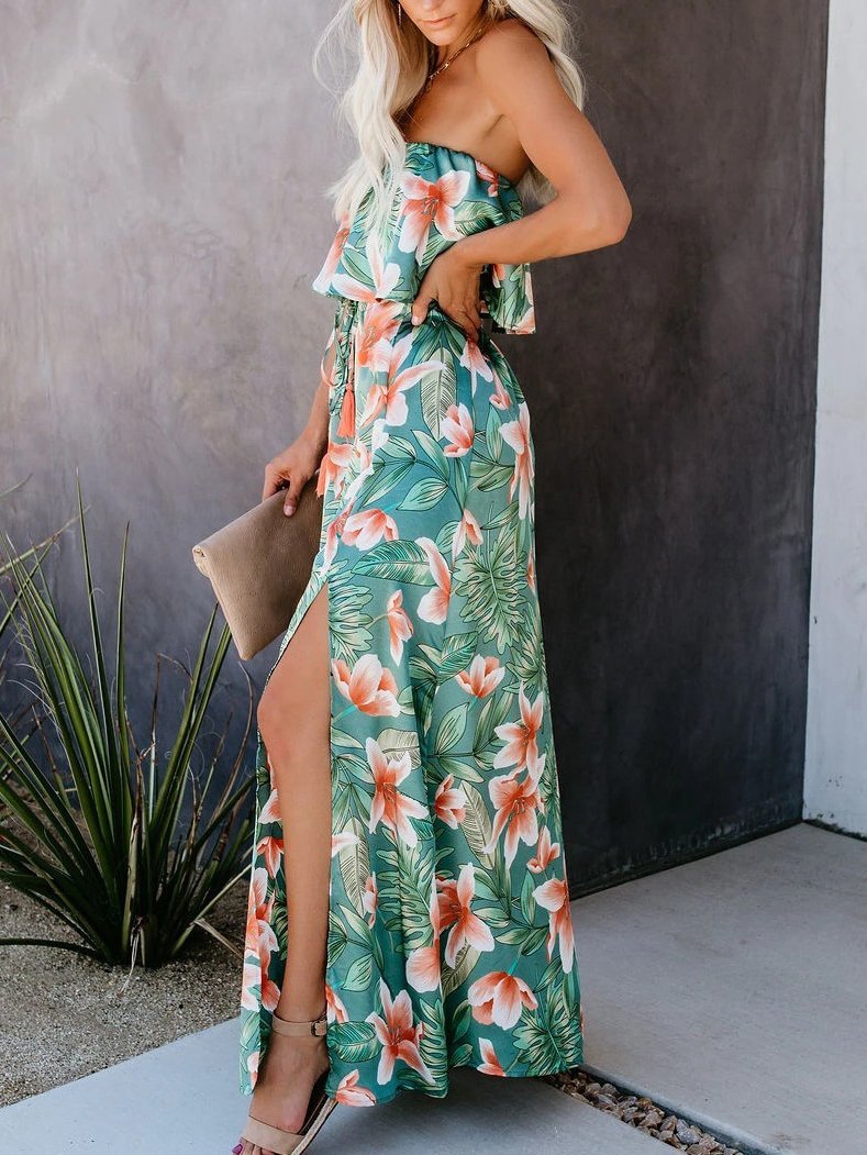 Rainforest Print Off-shoulder Ruffle Dress - Maxi Dresses - INS | Online Fashion Free Shipping Clothing, Dresses, Tops, Shoes - 11/06/2021 - Color_Green - DRE2106110401