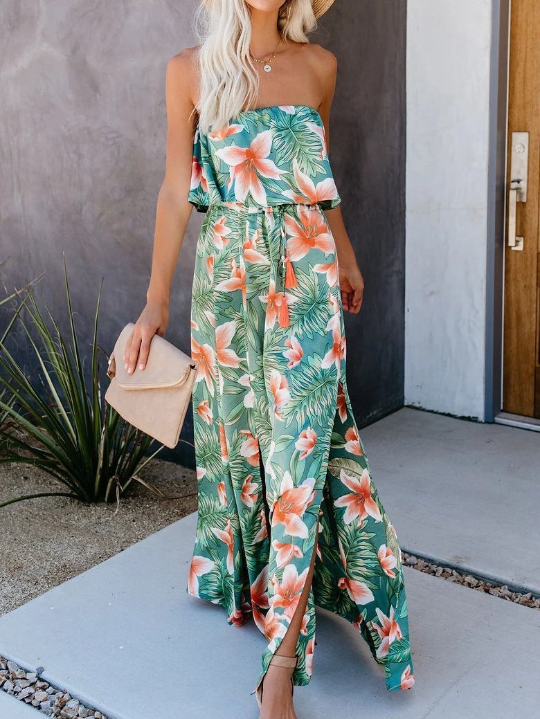 Rainforest Print Off-shoulder Ruffle Dress - Maxi Dresses - INS | Online Fashion Free Shipping Clothing, Dresses, Tops, Shoes - 11/06/2021 - Color_Green - DRE2106110401