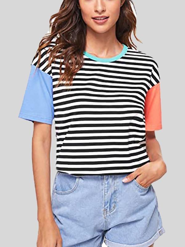 Retro Contrast Striped Stitching Short-sleeved T-shirt - T-shirts - INS | Online Fashion Free Shipping Clothing, Dresses, Tops, Shoes - 20-30 - 23/06/2021 - color-blue