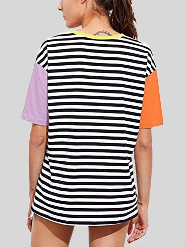 Retro Contrast Striped Stitching Short-sleeved T-shirt - T-shirts - INS | Online Fashion Free Shipping Clothing, Dresses, Tops, Shoes - 20-30 - 23/06/2021 - color-blue