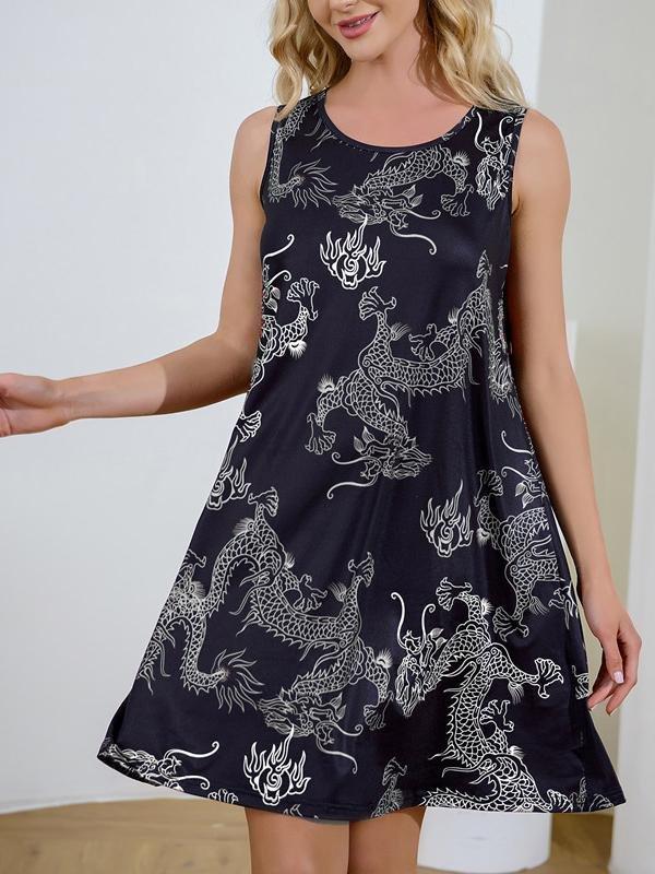 Retro Dragon Print Sleeveless Short Dress - Mini Dresses - INS | Online Fashion Free Shipping Clothing, Dresses, Tops, Shoes - 09/06/2021 - Color_Black - Color_Blue