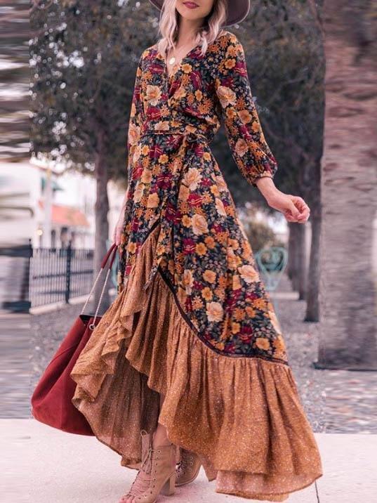 Retro Long Sleeve Printed Long Dress - Maxi Dresses - INS | Online Fashion Free Shipping Clothing, Dresses, Tops, Shoes - 05/06/2021 - Color_Brown - DRE2106050114
