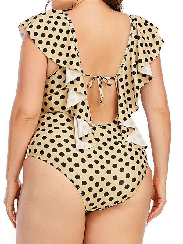 Retro Polka-dot Strap Fuffle V-neck One-piece Swimsuit - Plus Swimsuits - INS | Online Fashion Free Shipping Clothing, Dresses, Tops, Shoes - 22/04/2021 - Color_Wave Point - Plus Swimsuits