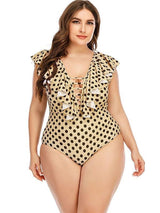 Retro Polka-dot Strap Fuffle V-neck One-piece Swimsuit - Plus Swimsuits - INS | Online Fashion Free Shipping Clothing, Dresses, Tops, Shoes - 22/04/2021 - Color_Wave Point - Plus Swimsuits