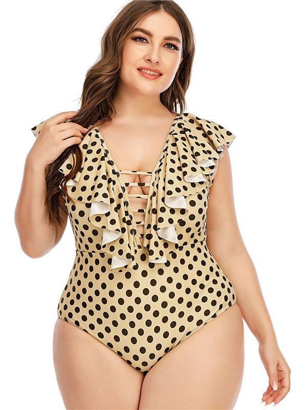 Retro Polka-dot Strap Fuffle V-neck One-piece Swimsuit - Plus Swimsuits - INS | Online Fashion Free Shipping Clothing, Dresses, Tops, Shoes - 22/04/2021 - Color_Wave Point - Plus Swimsuits