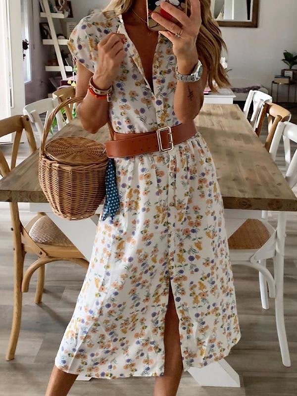 Retro Print Short Sleeve Split Dress - Midi Dresses - INS | Online Fashion Free Shipping Clothing, Dresses, Tops, Shoes - 20-30 - 30/06/2021 - Category_Midi Dresses