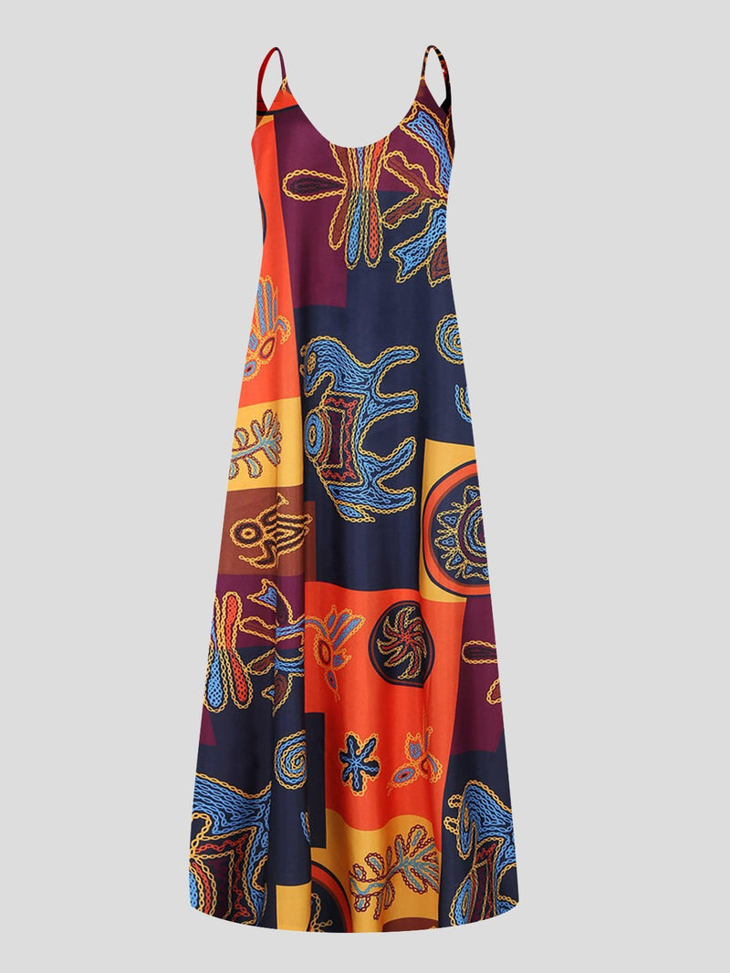 Retro Print Sleeveless U-neck Suspender Dress - Maxi Dresses - INS | Online Fashion Free Shipping Clothing, Dresses, Tops, Shoes - 05/07/2021 - 20-30 - color-red