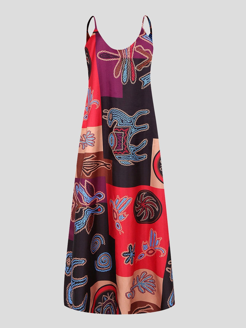 Retro Print Sleeveless U-neck Suspender Dress - Maxi Dresses - INS | Online Fashion Free Shipping Clothing, Dresses, Tops, Shoes - 05/07/2021 - 20-30 - color-red